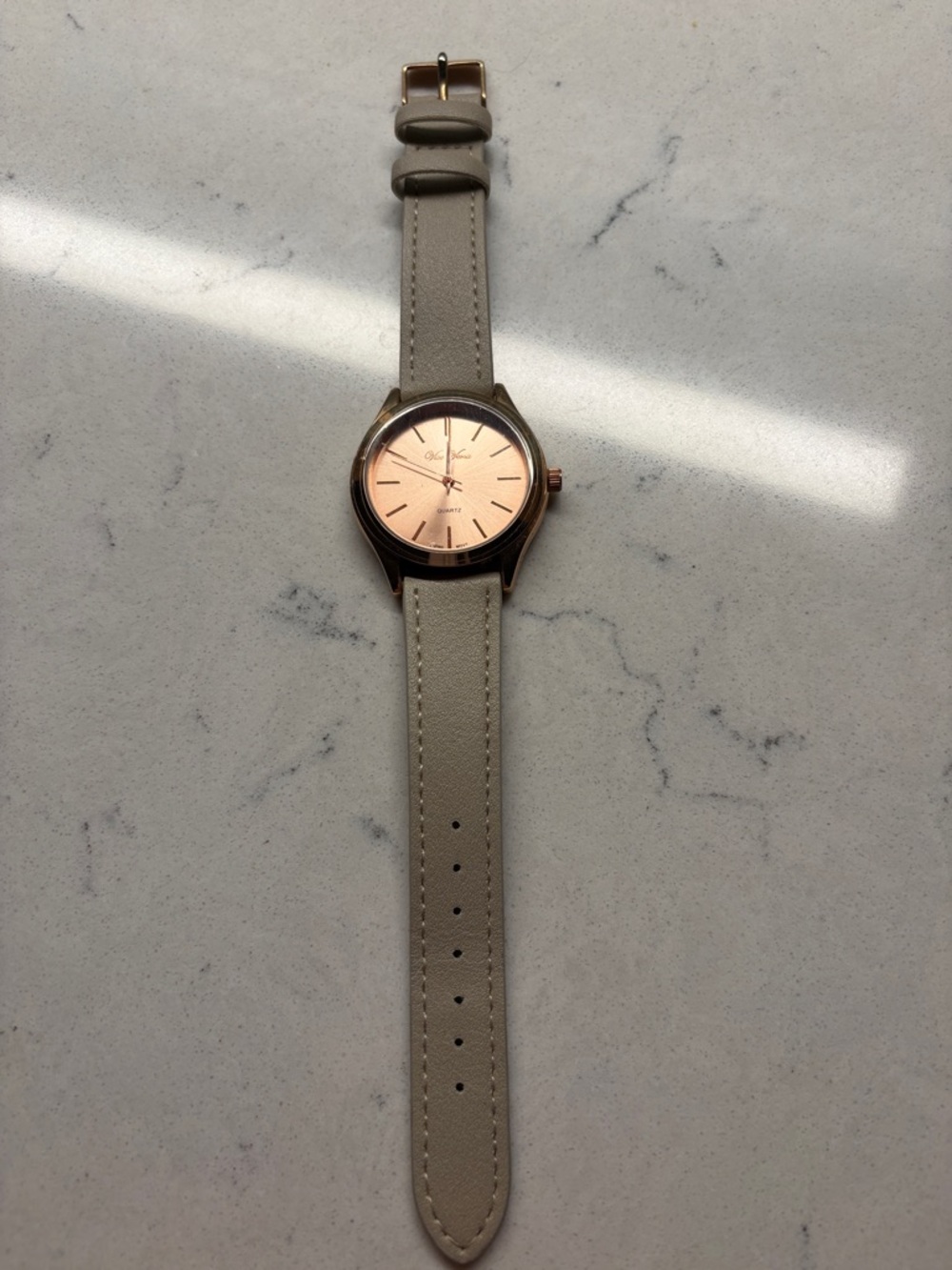 Rose Gold Dial Leather Strap Watch - Light Taupe Strap. Needs new battery.